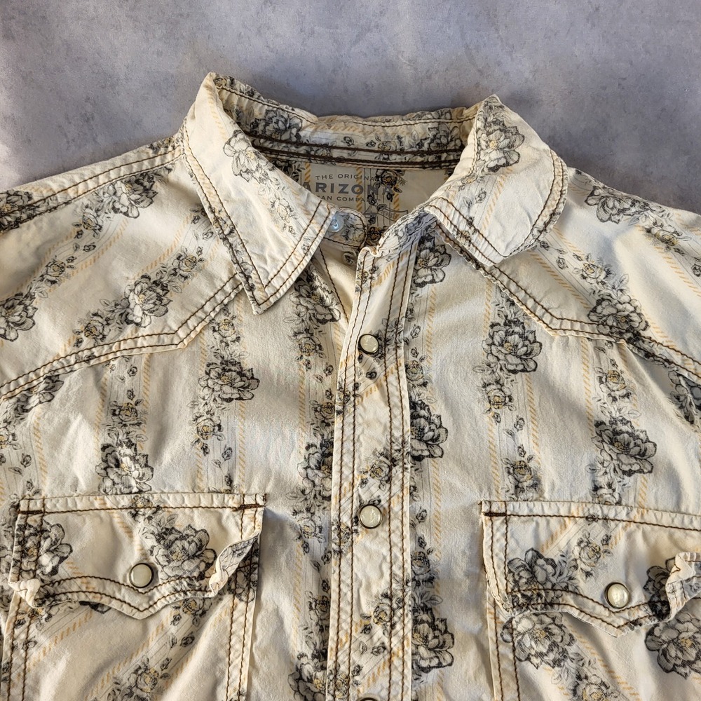 Arizona Jean Company Mens M Western Pearl Snap Shirt Cream Floral